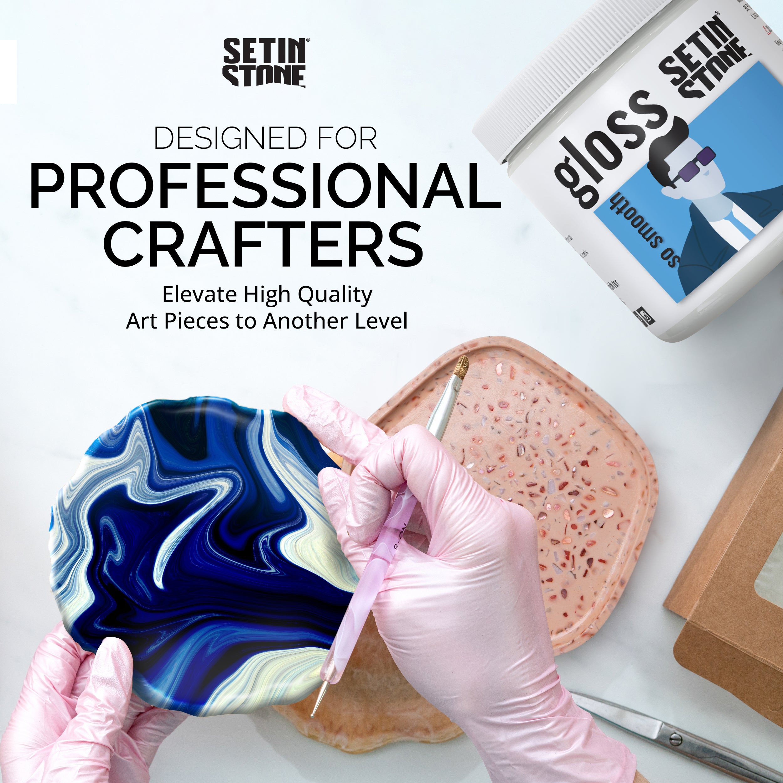 woman wearing gloves ready to coat her eco cast object with a gloss sealer
