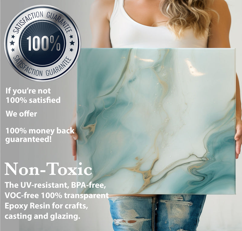 a woman wearing jeans and a tank top holding a glossy canvas coated with resin epoxy showing non toxic and satisfaction guaranteed 