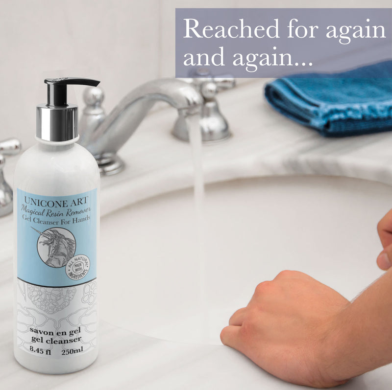 a bottle of all natural hand soap gel cleanser on a bathroom sink