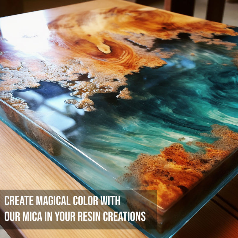 a beautiful river table colored with blue mica tinted resin epoxy