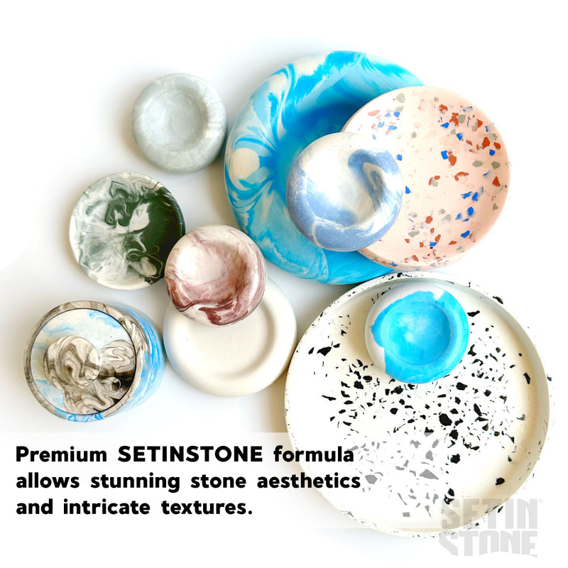 beautiful setinstone casts in different colors and textures, marble and terrazzo style