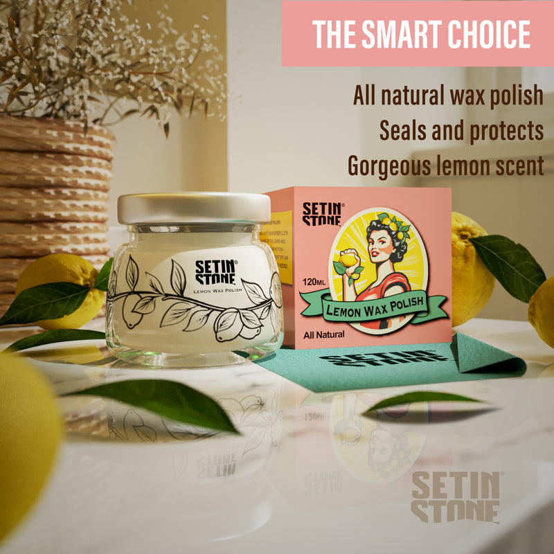 a beautifully designed box with wax polish varnish sealer on a kitchen counter with lemons